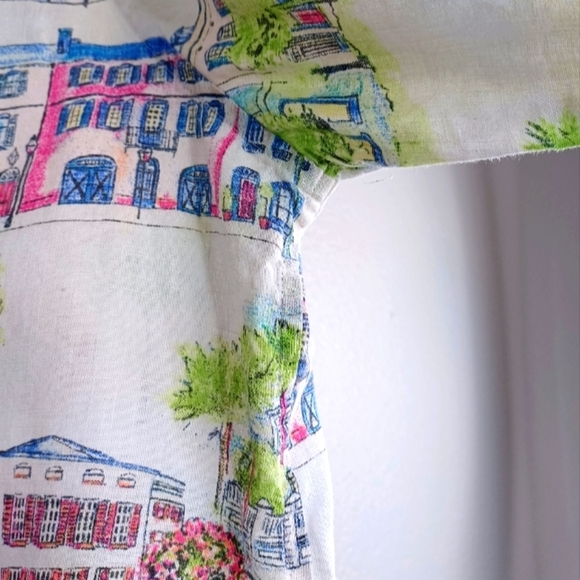 Chico's 100% Linen Novelty City Print Sz 3 Long Sleeve Button Down Front Blouse - Picture 12 of 15